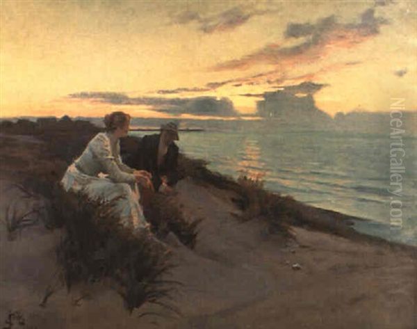 Marie Och P.s. Kr+yer Sittande I Sanddynerna Vid Skagen, Aftonst,mning Oil Painting by Erik Ludwig Henningsen