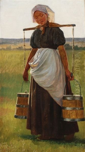 A Young Woman Carrying A Yoke And A Farmer Standing In His Field Oil Painting by Frants Peter Didrik Henningsen