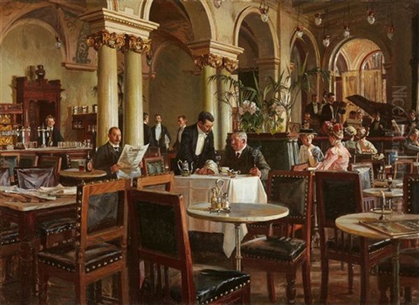 The Coffeehouse Oil Painting by Frants Peter Didrik Henningsen