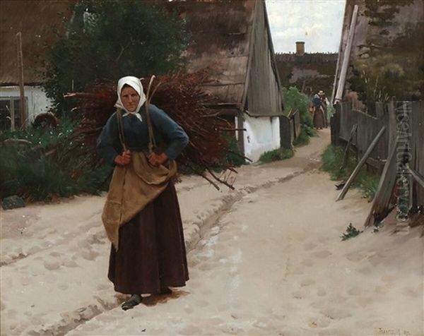 A Woman Carrying Firewood Through A Village Oil Painting by Frants Peter Didrik Henningsen