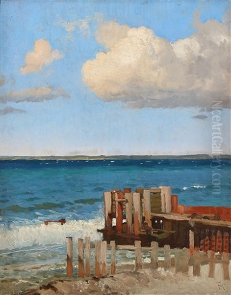 Coastal Scene With A Bathing Jetty Oil Painting by Frants Peter Didrik Henningsen