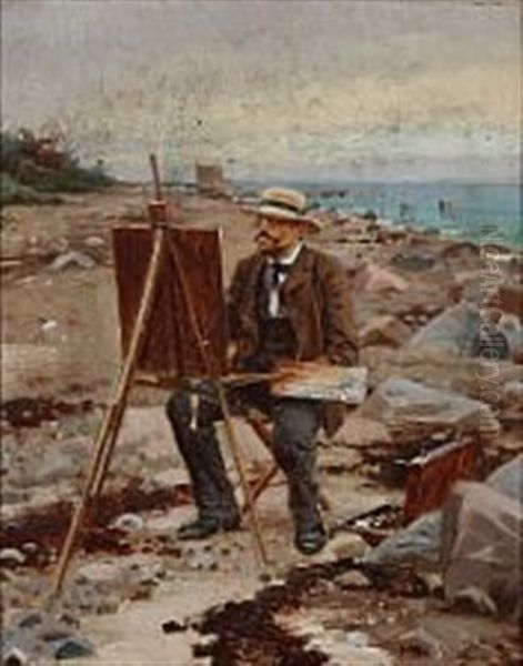 The Danish Painter Carl Bloch Sitting In Front Of His Easel On The Beach Of Hellebaek Oil Painting by Frants Peter Didrik Henningsen