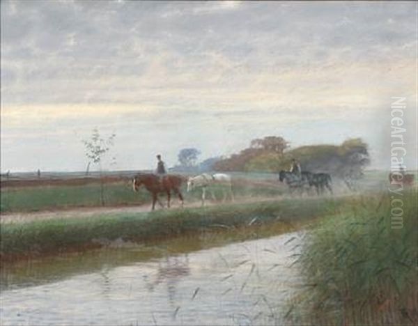 The Horses Are Brought Home Oil Painting by Frants Peter Didrik Henningsen