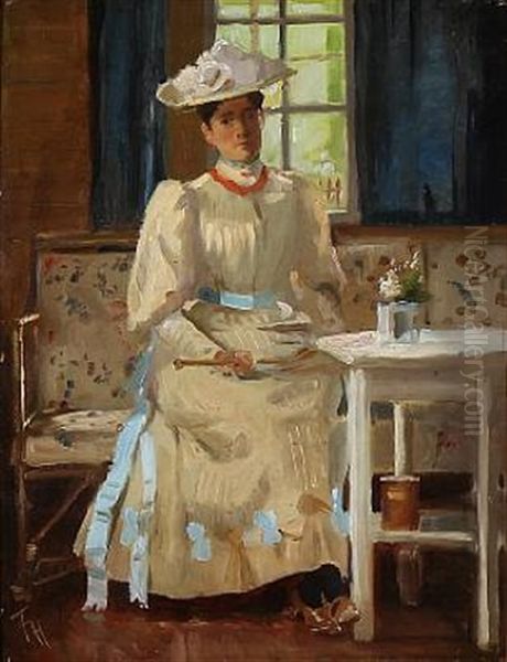 A Distinguished Lady In A White Summer Dress, Presumably Tsaritsa Alexandra Feodorovna Of Russia Oil Painting by Frants Peter Didrik Henningsen