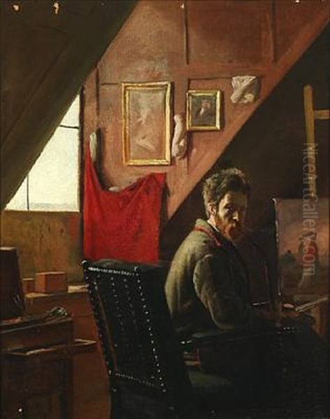 Proff. Carl Thomsen I Sit Atelier Oil Painting by Frants Peter Didrik Henningsen