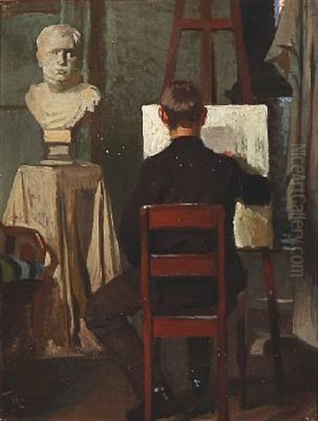 A Painter In His Studio, Presumably The Artist Himself Oil Painting by Frants Peter Didrik Henningsen