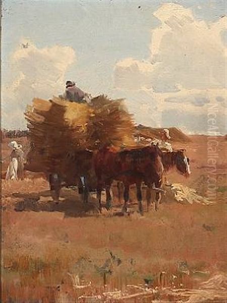 Harvest Scene Oil Painting by Frants Peter Didrik Henningsen