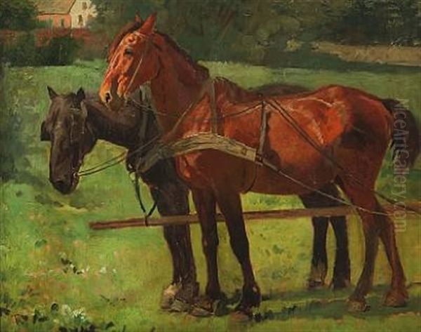 A Horse Team Oil Painting by Frants Peter Didrik Henningsen