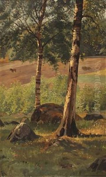 Landscape With Birch Trees And Horses Oil Painting by Frants Peter Didrik Henningsen