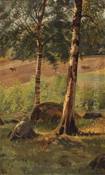 Landscape With Birch Trees And Horses Oil Painting by Frants Peter Didrik Henningsen