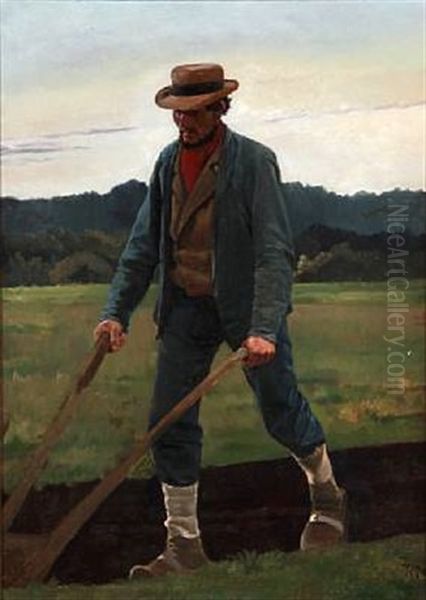 A Farmer Plows Oil Painting by Frants Peter Didrik Henningsen