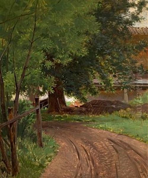 A Small Road Leading Through Trees Oil Painting by Frants Peter Didrik Henningsen