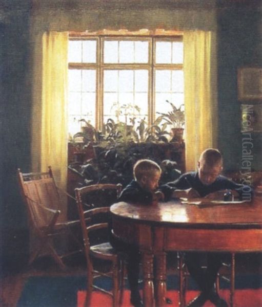 Interior Med To Drenge Siddende Ved Et Bord Oil Painting by Frants Peter Didrik Henningsen