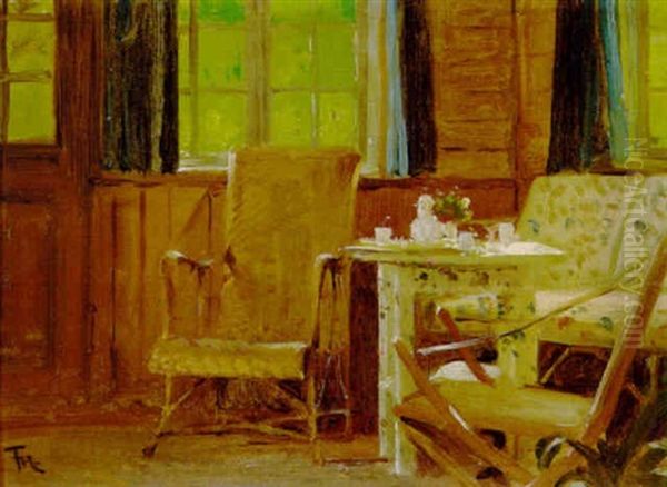 Sommer I Havestuen Med Bekvemme Mobler Og Et Daekket Kaffebord Oil Painting by Frants Peter Didrik Henningsen