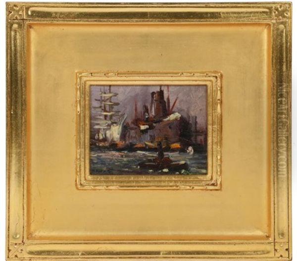 Harbor With Sailing Ship, Steamer And Tug Boat Oil Painting by Robert Henri