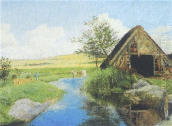 Landskab Med Lade Ved Alob Oil Painting by Charles Alfred Emanuel Henrichsen Bremsen