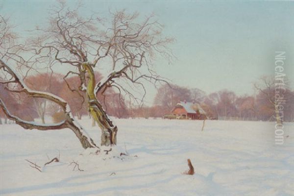 Ved Et Foderhus I Dyrehaven Vinter Oil Painting by Charles Alfred Emanuel Henrichsen Bremsen