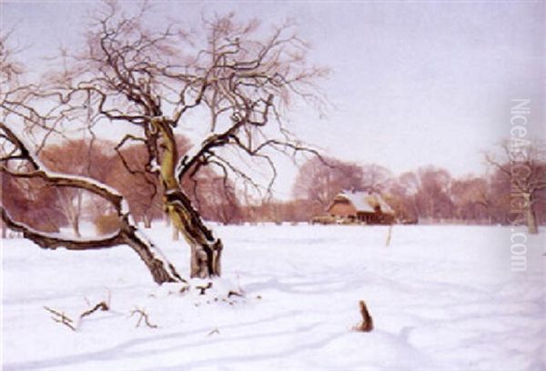 Winterlicher Park Mit Futterhaus Und Rotwild Oil Painting by Charles Alfred Emanuel Henrichsen Bremsen