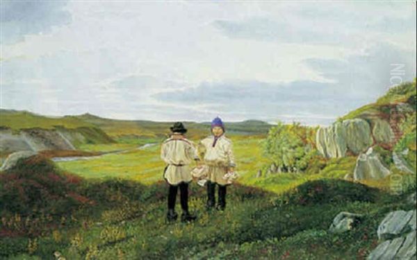 Parti Fra Lapland Med To Samer, Der Forhandler Om Salg Af Sko Oil Painting by Charles Alfred Emanuel Henrichsen Bremsen