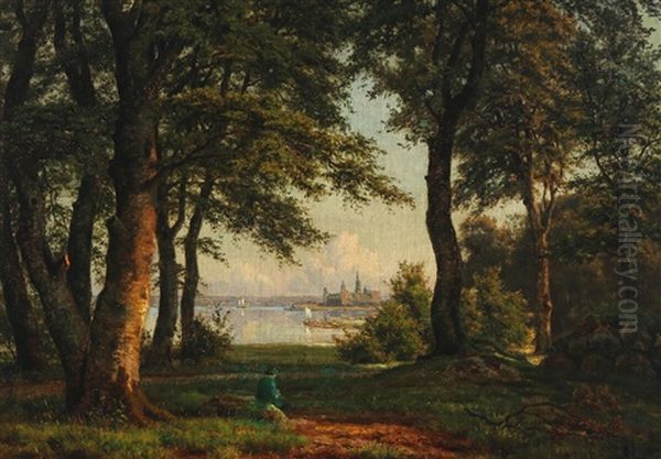 A Forest Scene With A View Towards Kronborg Oil Painting by Carsten Henrichsen