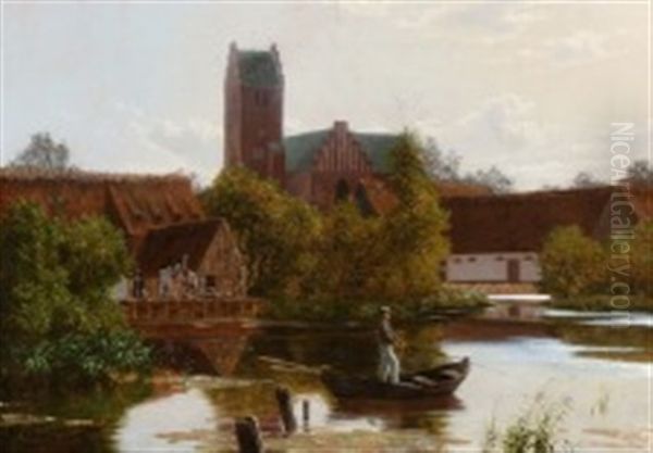 A Man Fishing In Lyngby Molledam Oil Painting by Carsten Henrichsen