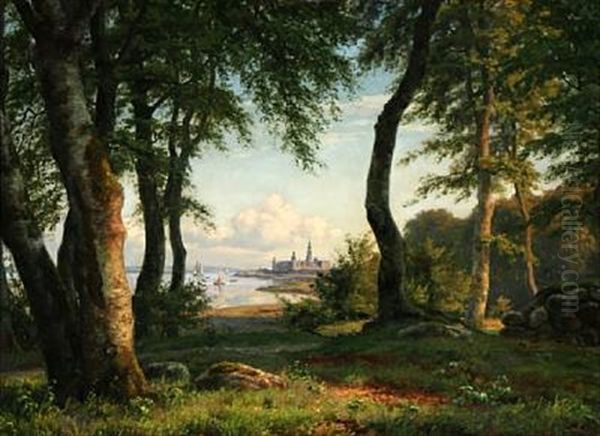 Calm Summer Day With A View From A Forest Against Kronborg Castle Oil Painting by Carsten Henrichsen