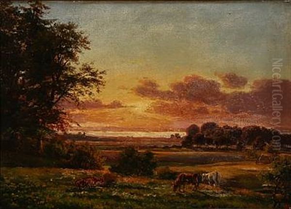 Landskab Ved Solnedgang Oil Painting by Carsten Henrichsen