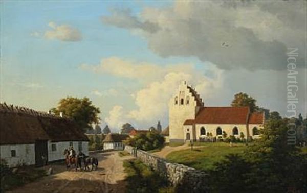 A Summer Day By The Church Of Jordlose, Funen Oil Painting by Carsten Henrichsen