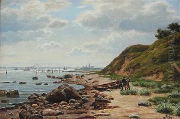 Beach Scene From Hellebaek With A View Of Kronborg Oil Painting by Carsten Henrichsen