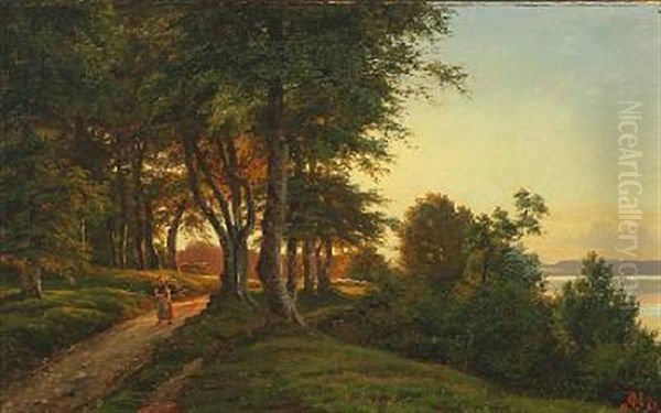 Autumn Forest With Woman On A Path Collecting Firewood Oil Painting by Carsten Henrichsen