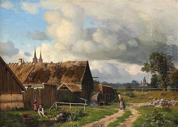 Children Playing Behind The Farm. In The Background Roskilde Cathedral by Carsten Henrichsen