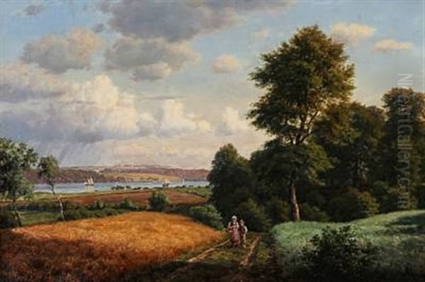 Danish Fiord Landscape (svendborg Area?) Oil Painting by Carsten Henrichsen