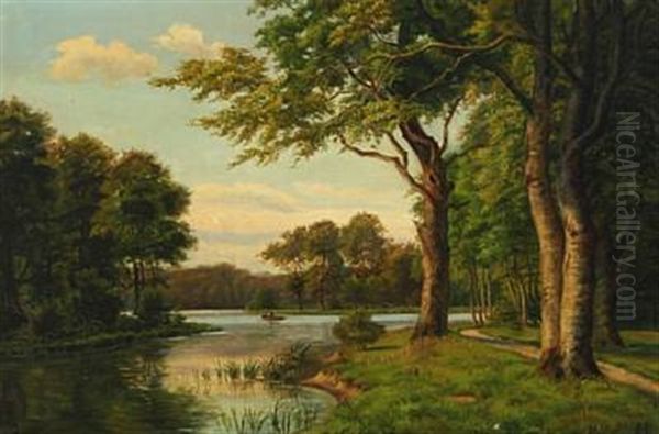 A Danish Summer Landscape With Rowing Boat On A Forest Lake Oil Painting by Carsten Henrichsen