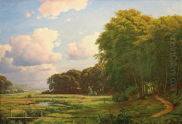 Wiesen Und Waldlanschaft Mt Huter, Vieh Und Ferner Kuste Oil Painting by Carsten Henrichsen