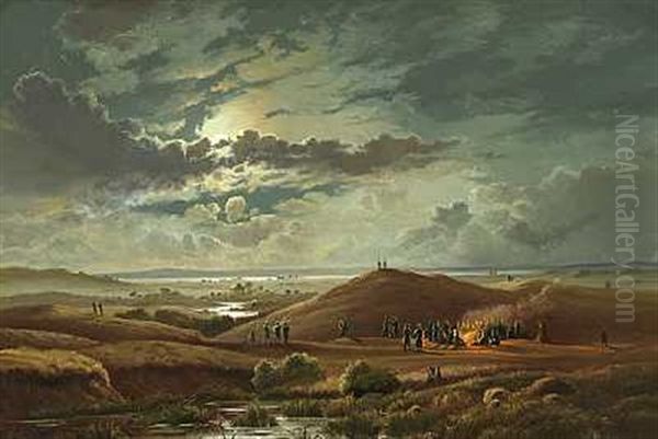 Natlig Scene Med Soldater Omkring Et Bal (fra Krigen I 1864?) Oil Painting by Carsten Henrichsen