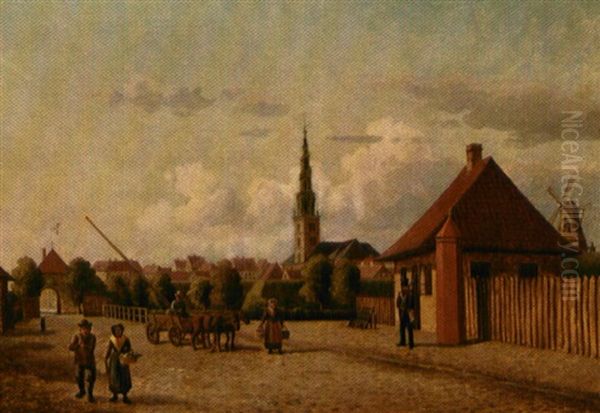 Amagerport Med Den Gamle Acissebod, I Baggrunden Holmens Kirke Oil Painting by Carsten Henrichsen