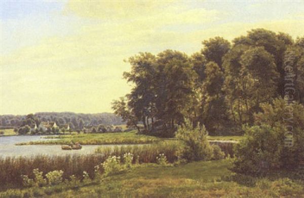 Dansk Sommerlandskab Med Personer I Robad, Langs Sobredden Traeer Og Huse Oil Painting by Carsten Henrichsen