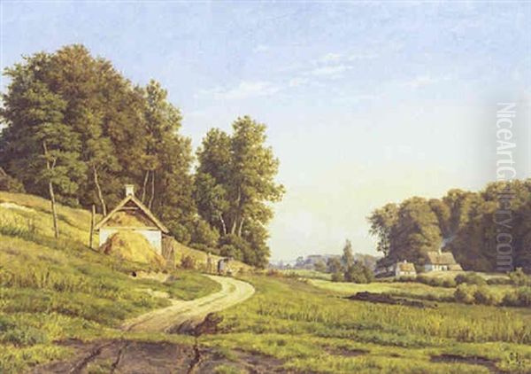 Sommerlandskab Med Huse Oil Painting by Carsten Henrichsen