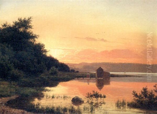 Sunset Over A Lake Oil Painting by Carsten Henrichsen