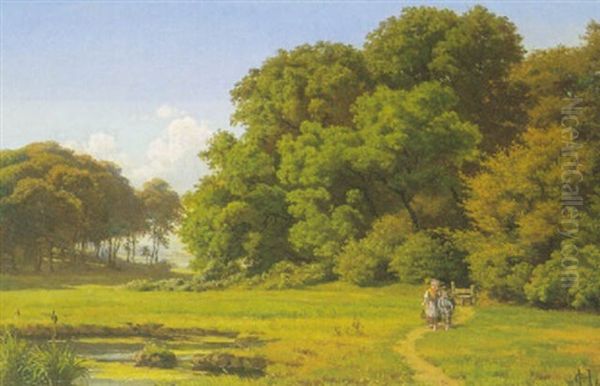 Dansk Sommerlandskab Med Skov Og Born Oil Painting by Carsten Henrichsen