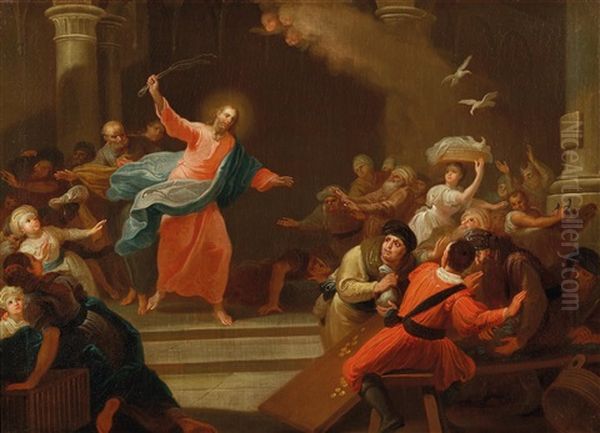 Christ Driving The Money Changers From The Temple; And Christ Raising A Dead Child Oil Painting by Johann Josef Karl Henrici