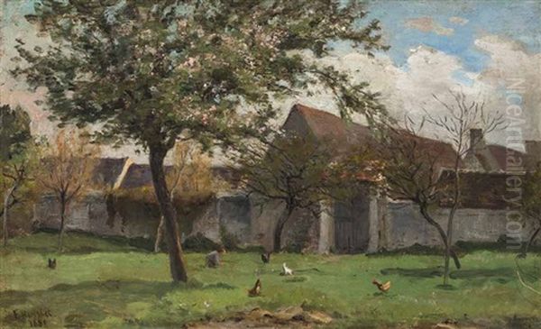 Fruhlingswiese Vor Einem Bauerngehoft Mit Huhnern Und Einem Bluhenden Obstbaum Oil Painting by Frederic Henriet