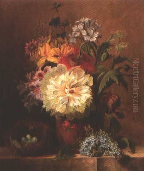 Still Life With Peony, Lilac And A Bird's Nest Oil Painting by Gabriel Henriques De Castro