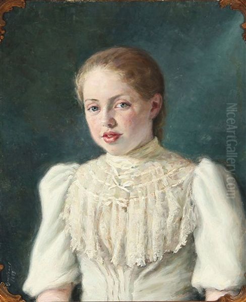 Portrait Of A Girl In A White Dress Oil Painting by Marie Henriques