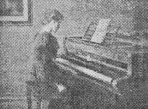 Interior Scene With Young Woman At The Piano by Marie Henriques