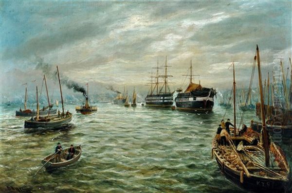 North Shields Harbour With Fishing Boats Oil Painting by Bernar Benedict Henry