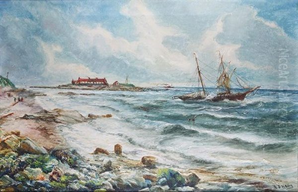 Ship Along A Rocky Shoreline Oil Painting by Bernar Benedict Henry