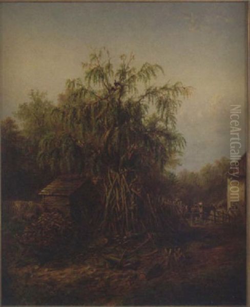 Southern Barnyard Landscape With Central Trees, Chickens, Roosters And Buildings Oil Painting by Edward Lamson Henry