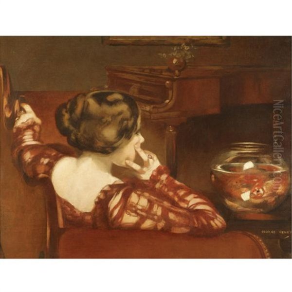 A Girl Seated By A Bowl Of Goldfish Oil Painting by George Henry