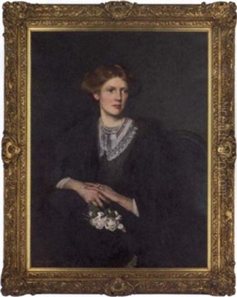 Portrait Of Audrey Innes, Nee Broadwood, Wife Of John Alfred Innes, In A Lace Trimmed Dress And Fur Wrap Oil Painting by George Henry